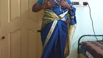 Desi Bhabhi In Blue Saree Showing Off Her Big Tits And Shaved Pussy, Rubbing Her Nipples And Fingering Herself